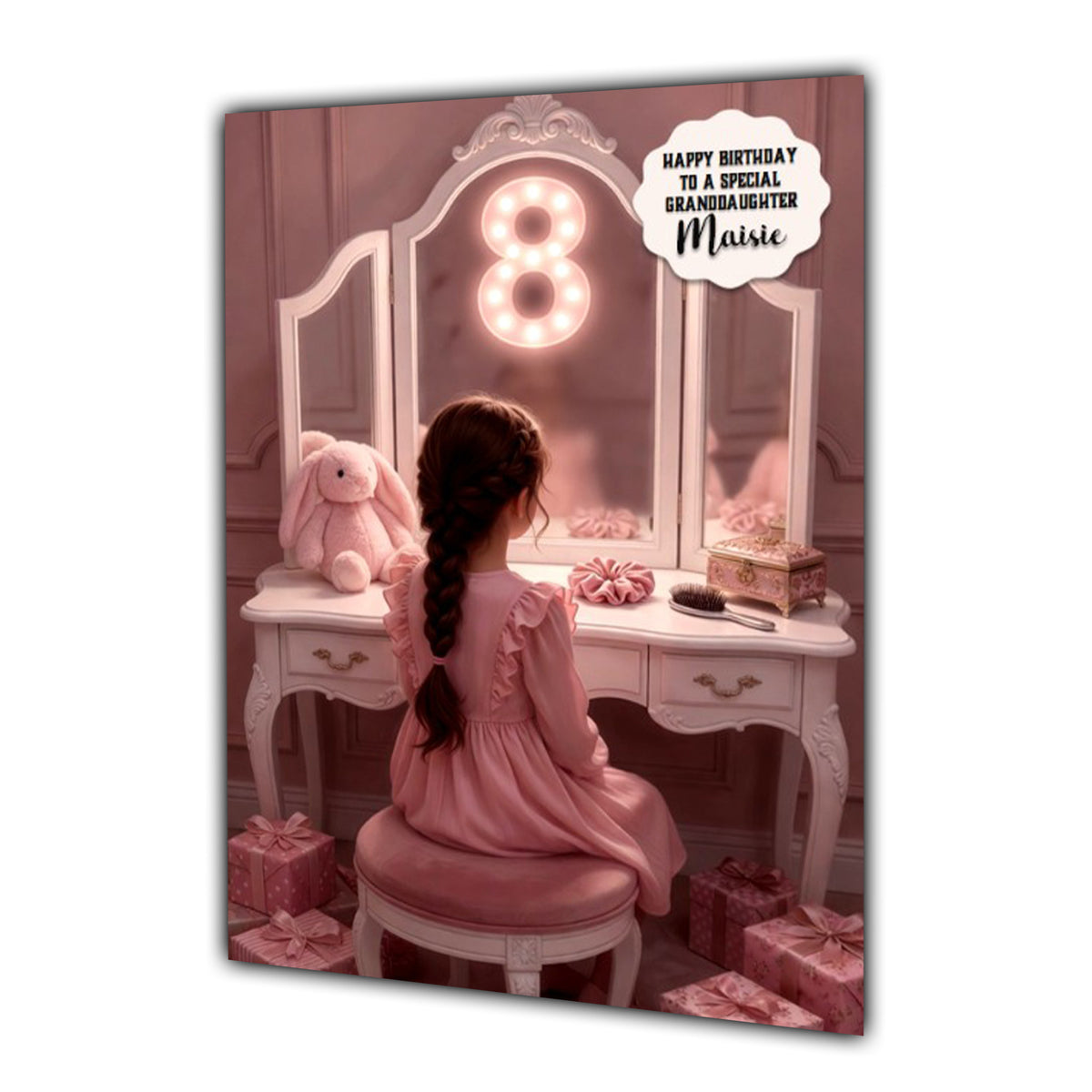 Personalised 8th Birthday Card - Girl at a Dressing Table - Brown Hair