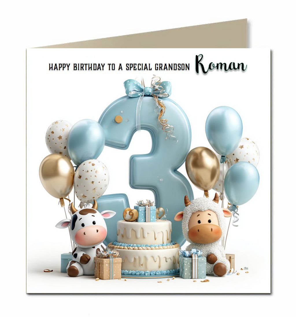 3rd Birthday Card for Boys, Grandson, Son, Nephew, Third, 15cm x 15cm, Blank Inside, with White Envelope