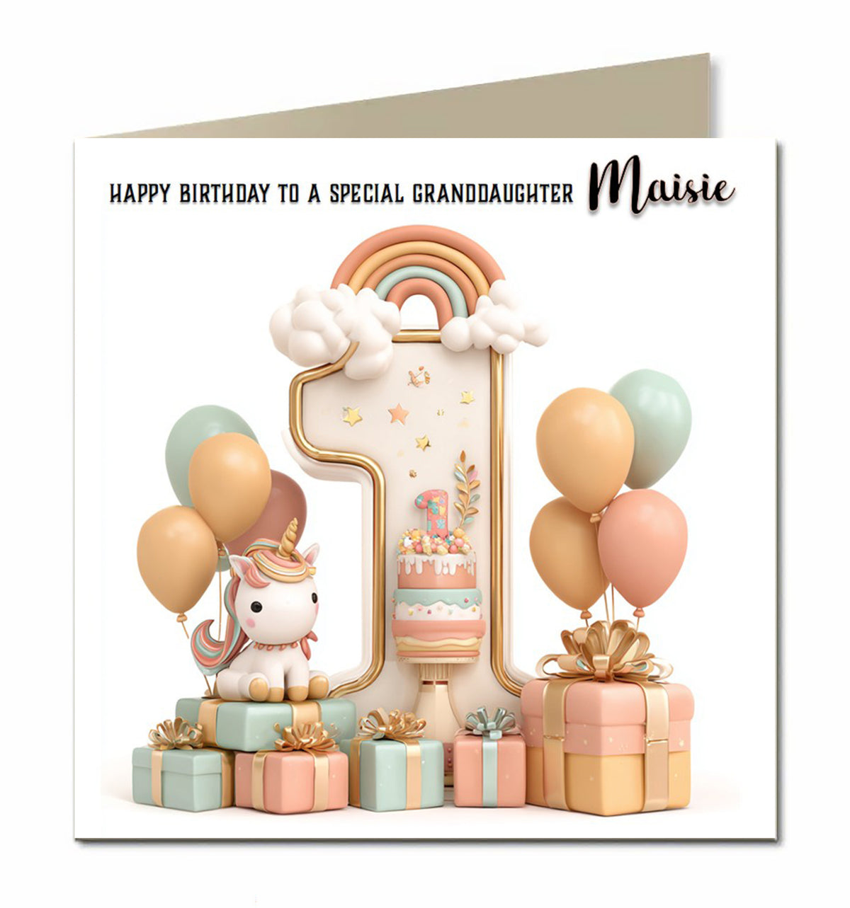 1st Birthday Card for Girls, Granddaughter, Daughter, Niece, First, 15cm x 15cm, Blank Inside, with White Envelope