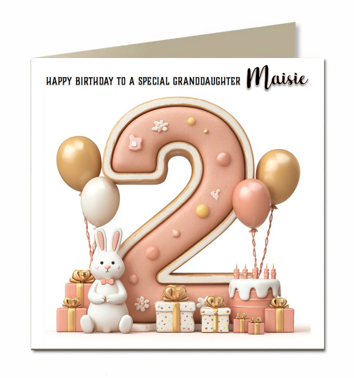 2nd Birthday Card for Girls, Granddaughter, Daughter, Niece, Second, 15cm x 15cm, Blank Inside, with White Envelope