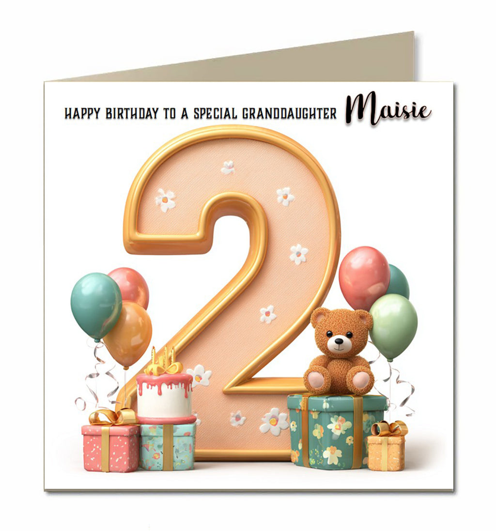 2nd Birthday Card for Girls, Granddaughter, Daughter, Niece, Second, 15cm x 15cm, Blank Inside, with White Envelope