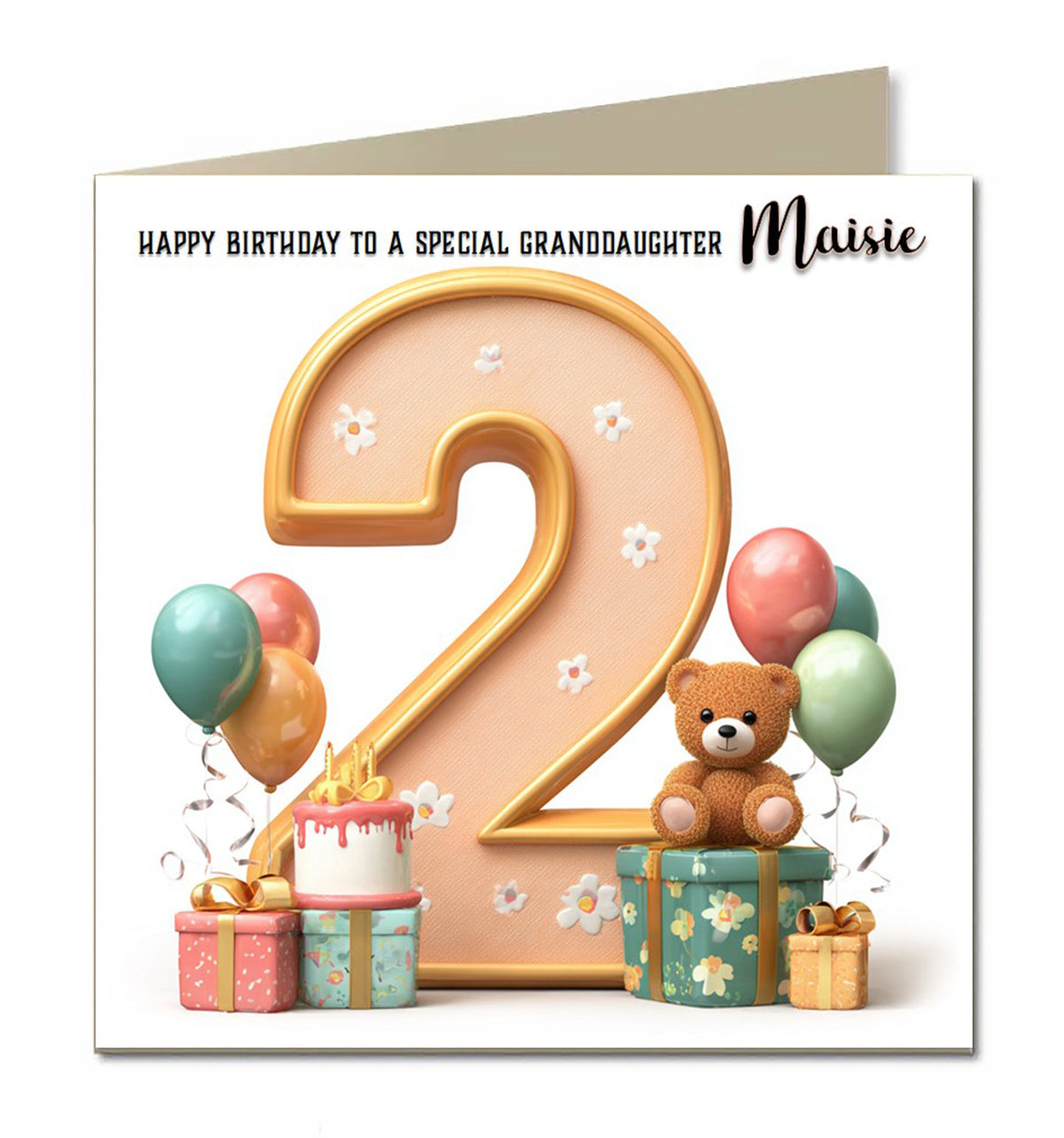 2nd Birthday Card for Girls, Granddaughter, Daughter, Niece, Second, 15cm x 15cm, Blank Inside, with White Envelope