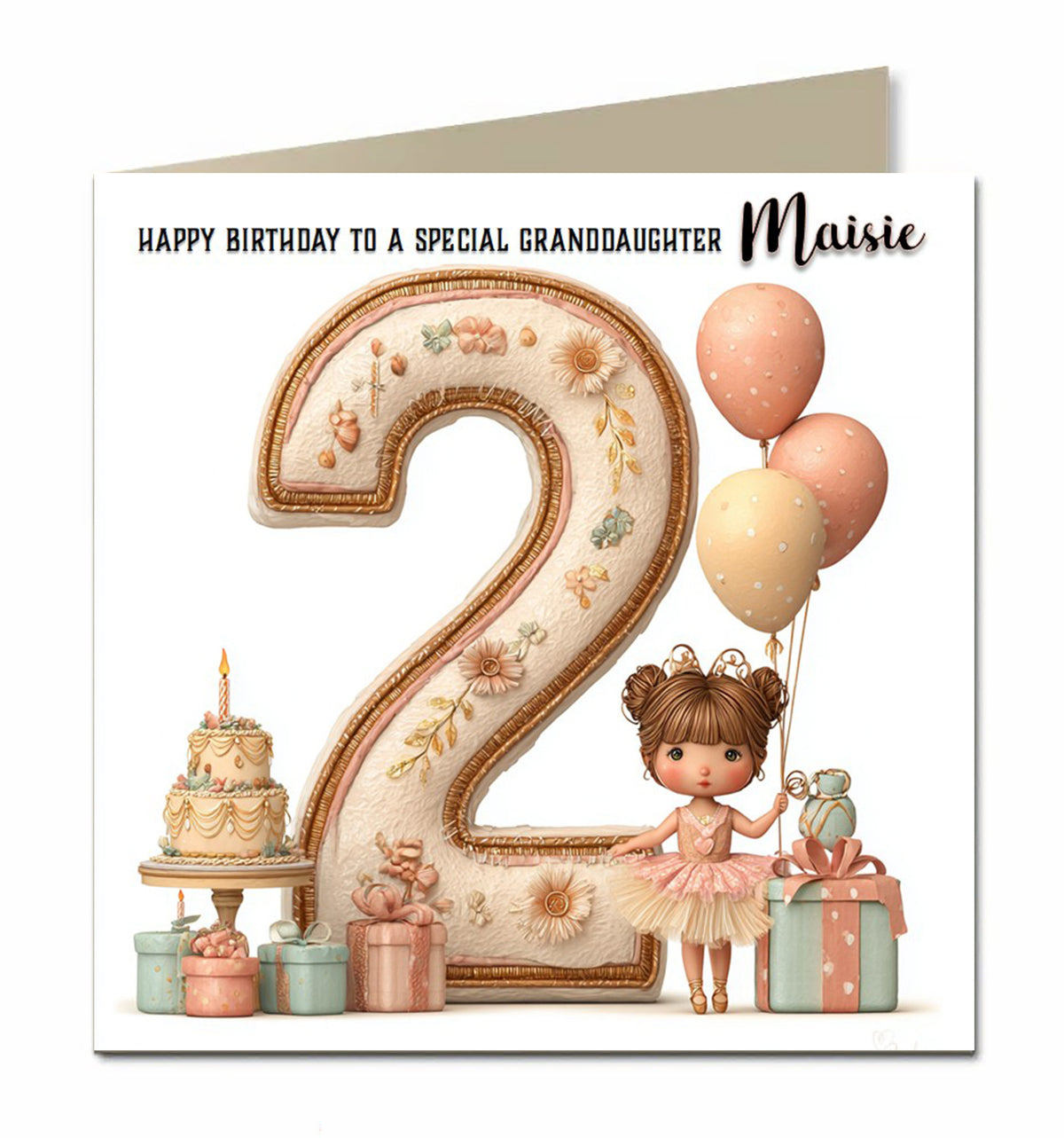 2nd Birthday Card for Girls, Granddaughter, Daughter, Niece, Second, 15cm x 15cm, Blank Inside, with White Envelope