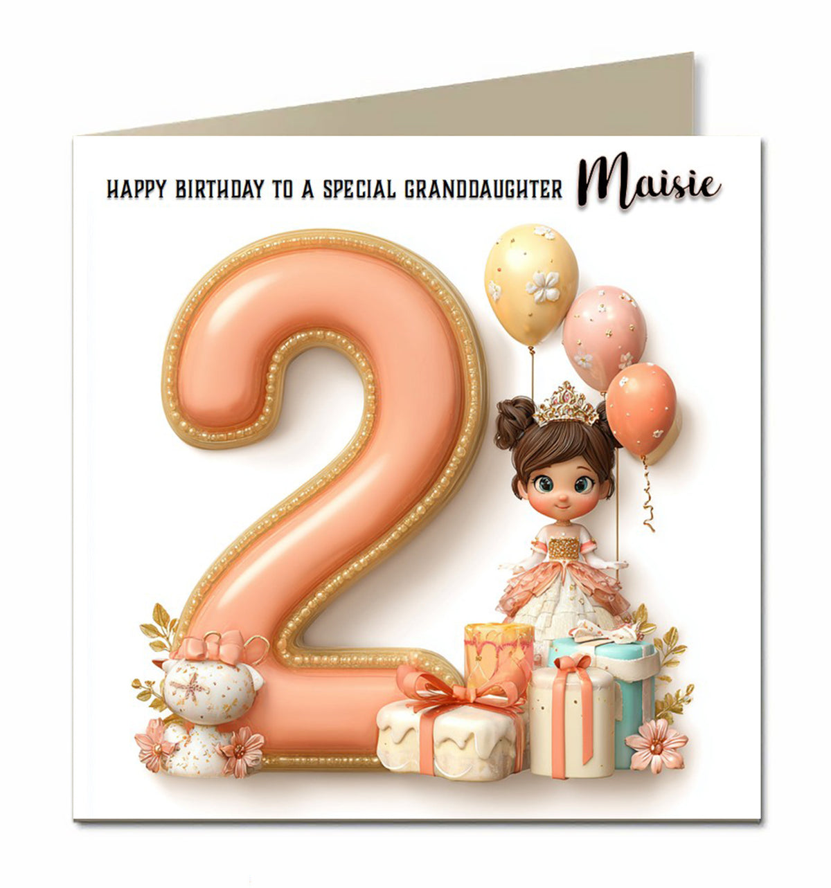 2nd Birthday Card for Girls, Granddaughter, Daughter, Niece, Second, 15cm x 15cm, Blank Inside, with White Envelope