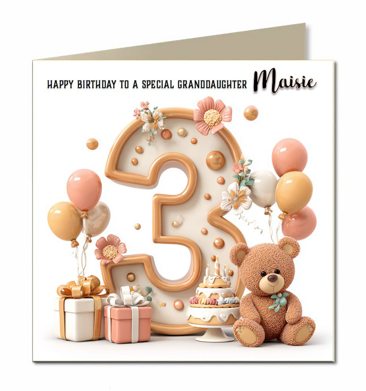 3rd Birthday Card for Girls, Granddaughter, Daughter, Niece, First, 15cm x 15cm, Blank Inside, with White Envelope