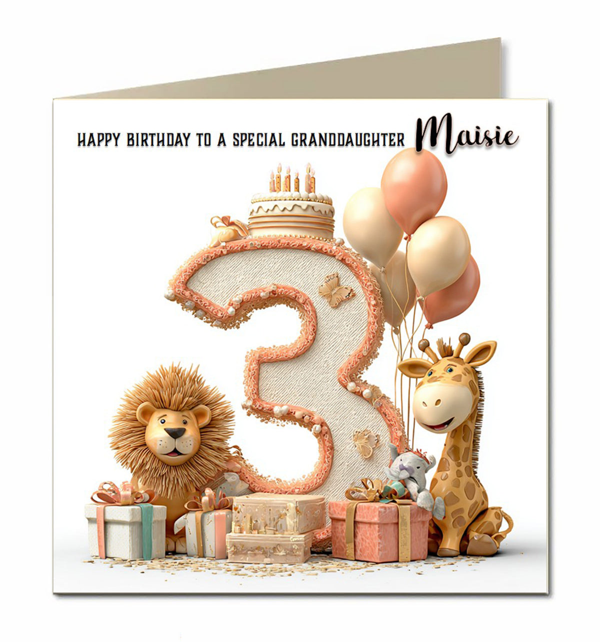 3rd Birthday Card for Girls, Granddaughter, Daughter, Niece, First, 15cm x 15cm, Blank Inside, with White Envelope