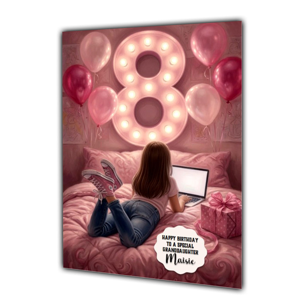 Personalised 8th Birthday Card - Girl Using a Laptop - Brown Hair
