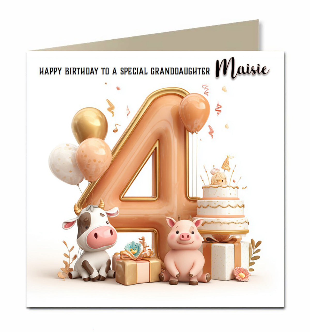 4th Birthday Card for Girls, Granddaughter, Daughter, Niece, First, 15cm x 15cm, Blank Inside, with White Envelope