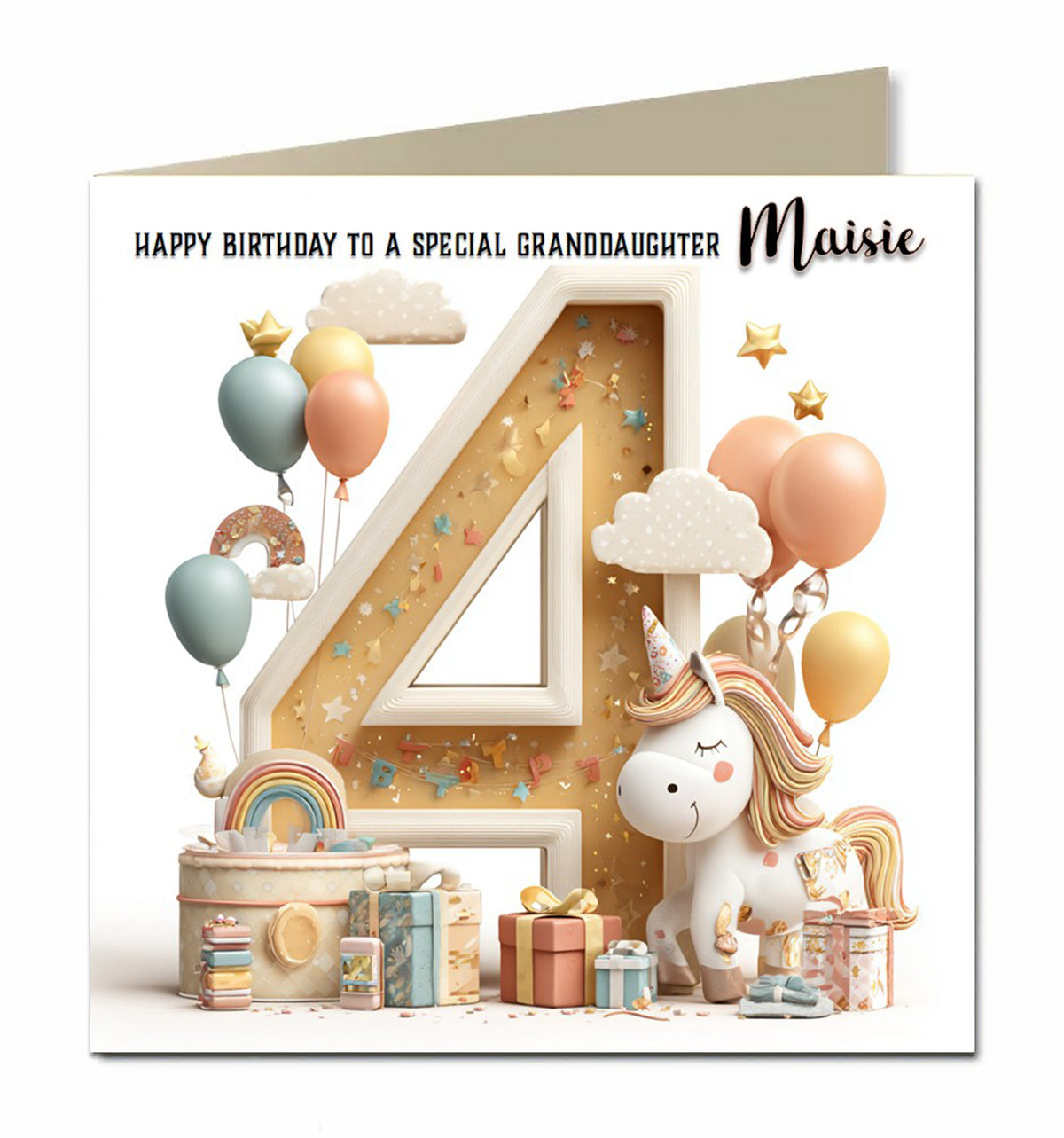 4th Birthday Card for Girls, Granddaughter, Daughter, Niece, First, 15cm x 15cm, Blank Inside, with White Envelope