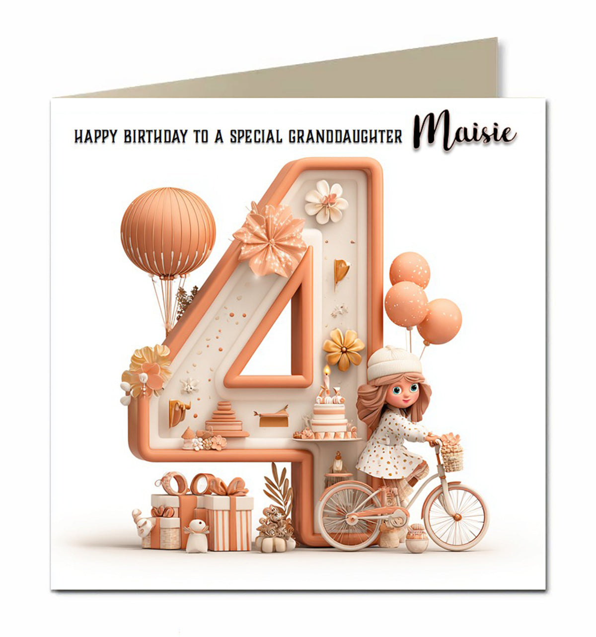 4th Birthday Card for Girls, Granddaughter, Daughter, Niece, First, 15cm x 15cm, Blank Inside, with White Envelope