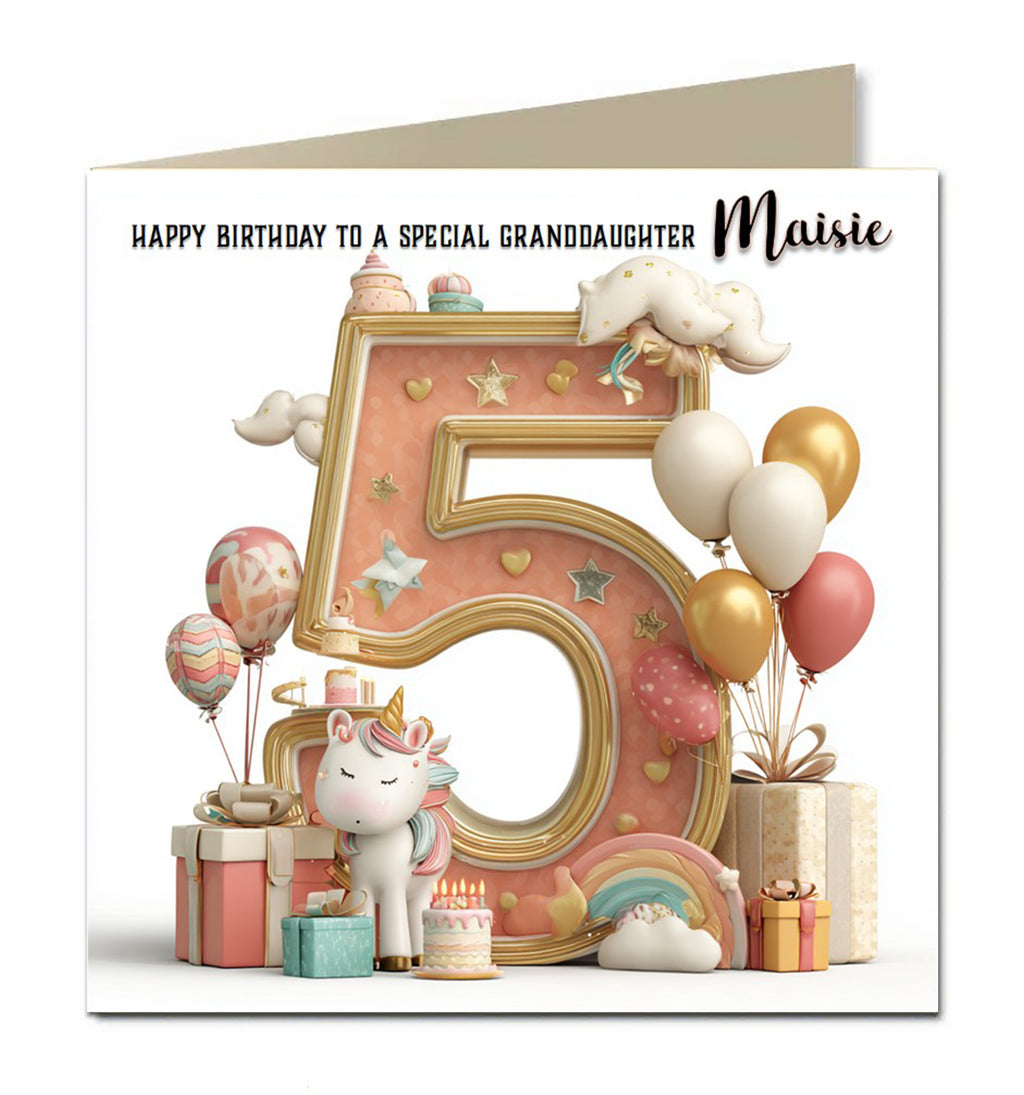 5th Birthday Card for Girls, Granddaughter, Daughter, Niece, First, 15cm x 15cm, Blank Inside, with White Envelope