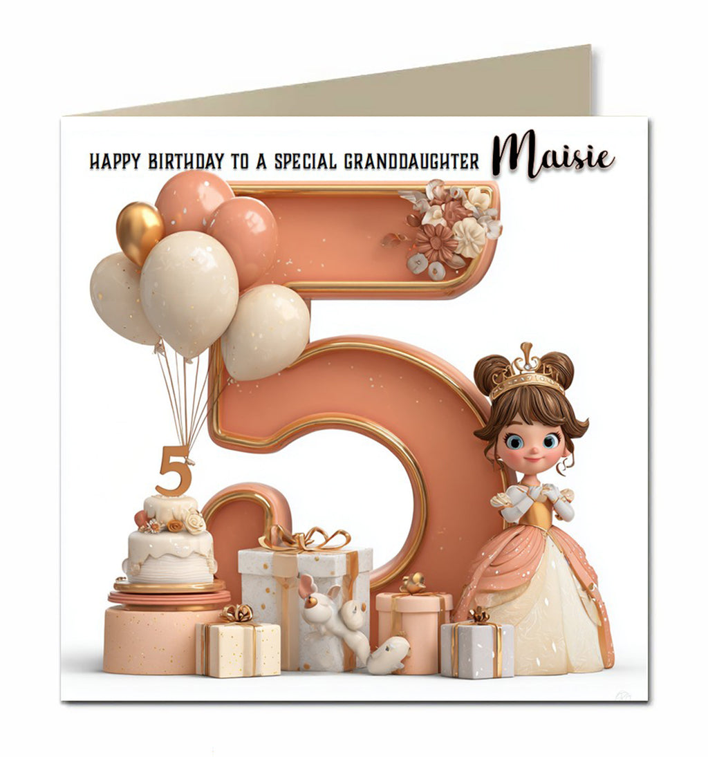 5th Birthday Card for Girls, Granddaughter, Daughter, Niece, First, 15cm x 15cm, Blank Inside, with White Envelope