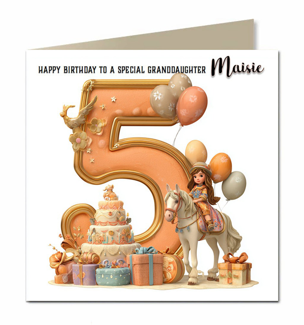 Personalised 5th Birthday Card - Girl Riding a Pony with Birthday Number