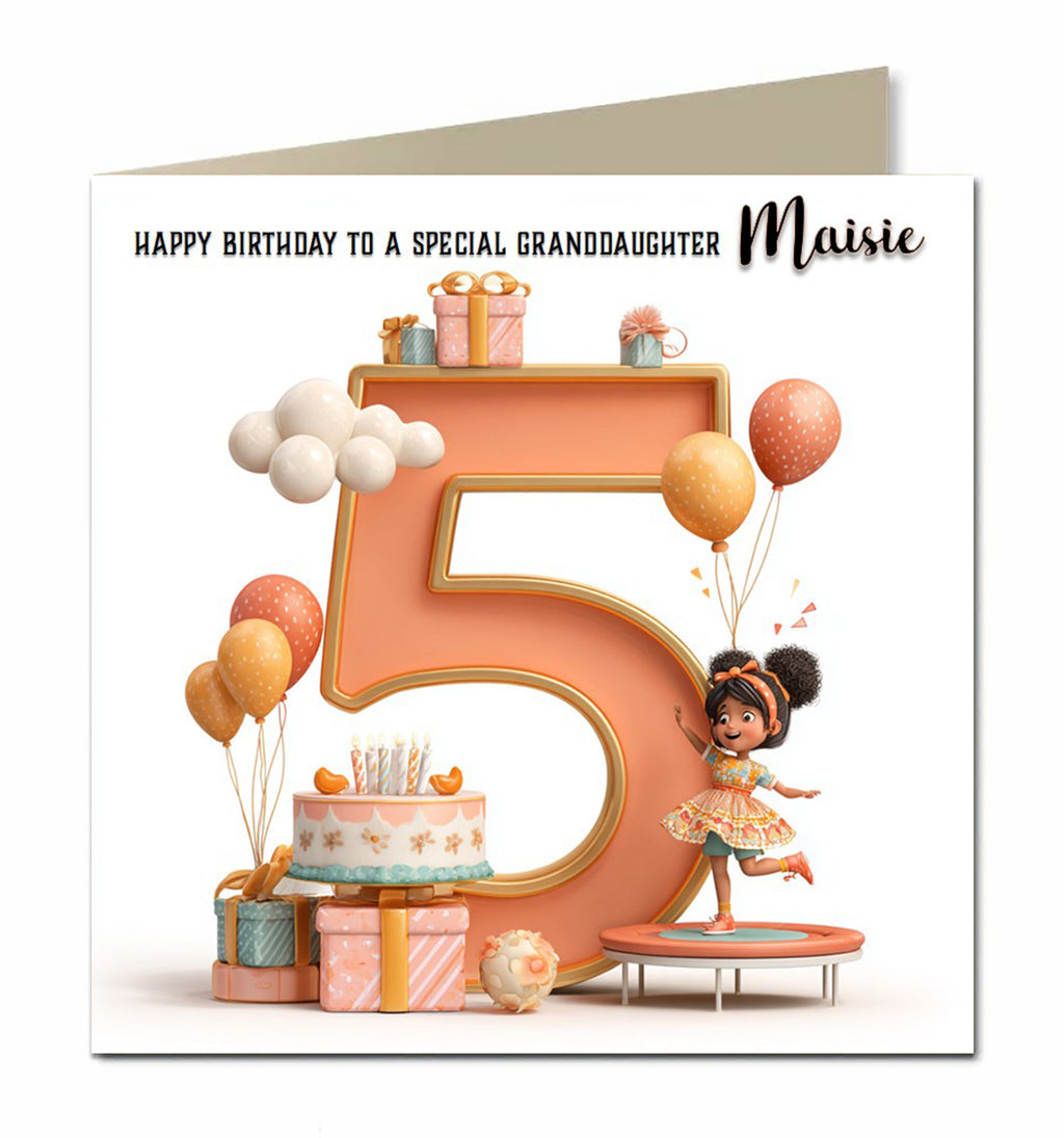 5th Birthday Card for Girls, Granddaughter, Daughter, Niece, First, 15cm x 15cm, Blank Inside, with White Envelope