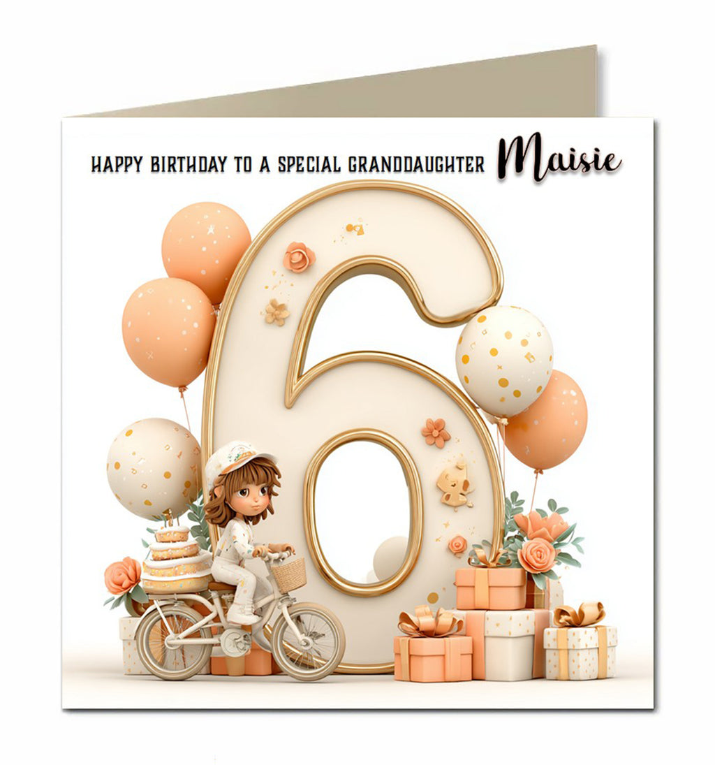 6th Birthday Card for Girls, Granddaughter, Daughter, Niece, First, 15cm x 15cm, Blank Inside, with White Envelope