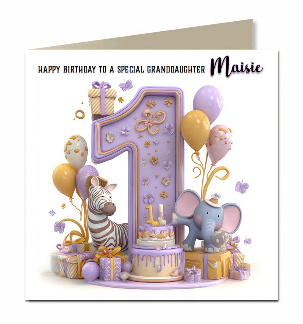 1st Birthday Card for Girls, Granddaughter, Daughter, Niece, First, 15cm x 15cm, Blank Inside, with White Envelope