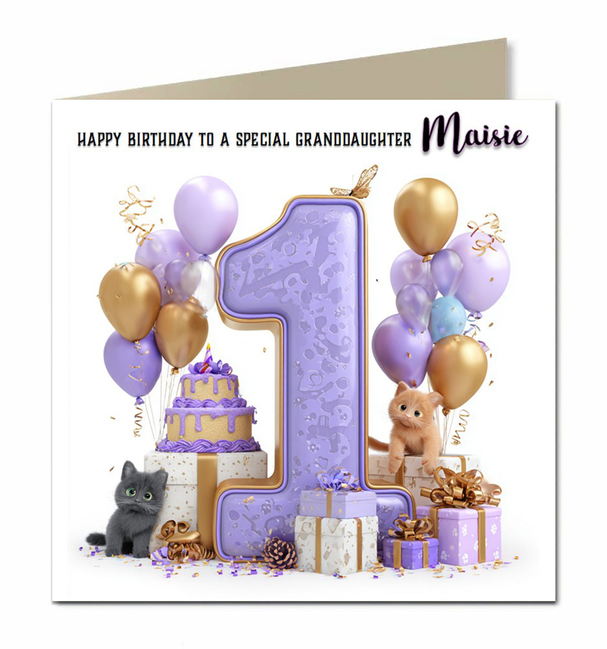 1st Birthday Card for Girls, Granddaughter, Daughter, Niece, First, 15cm x 15cm, Blank Inside, with White Envelope