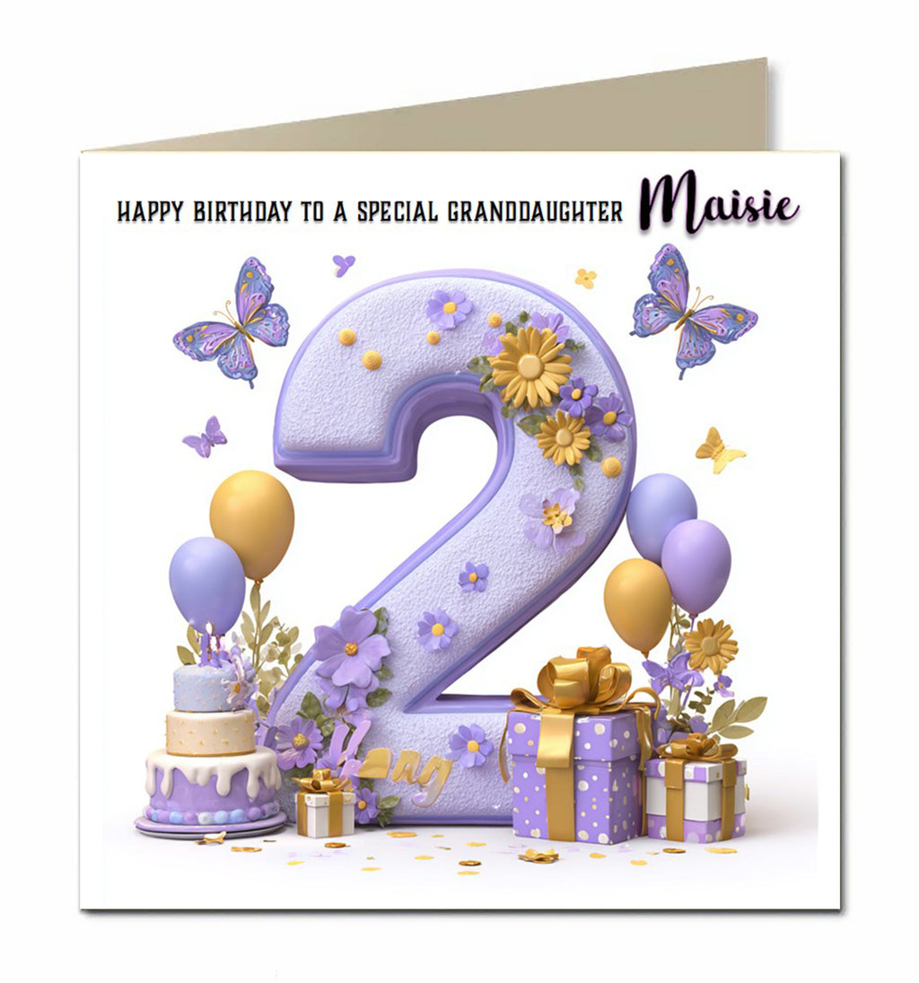 2nd Birthday Card for Girls, Granddaughter, Daughter, Niece, Second, 15cm x 15cm, Blank Inside, with White Envelope