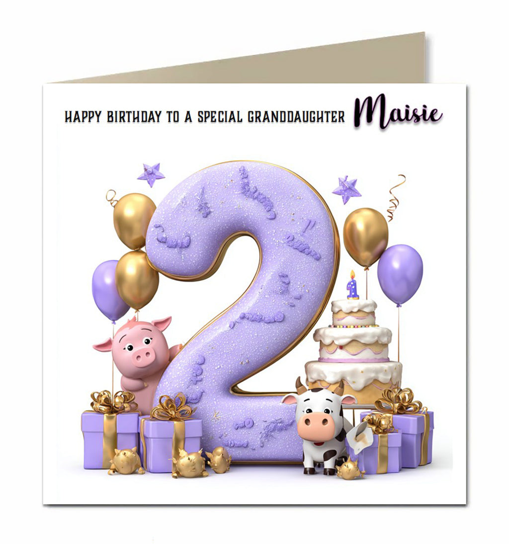2nd Birthday Card for Girls, Granddaughter, Daughter, Niece, Second, 15cm x 15cm, Blank Inside, with White Envelope