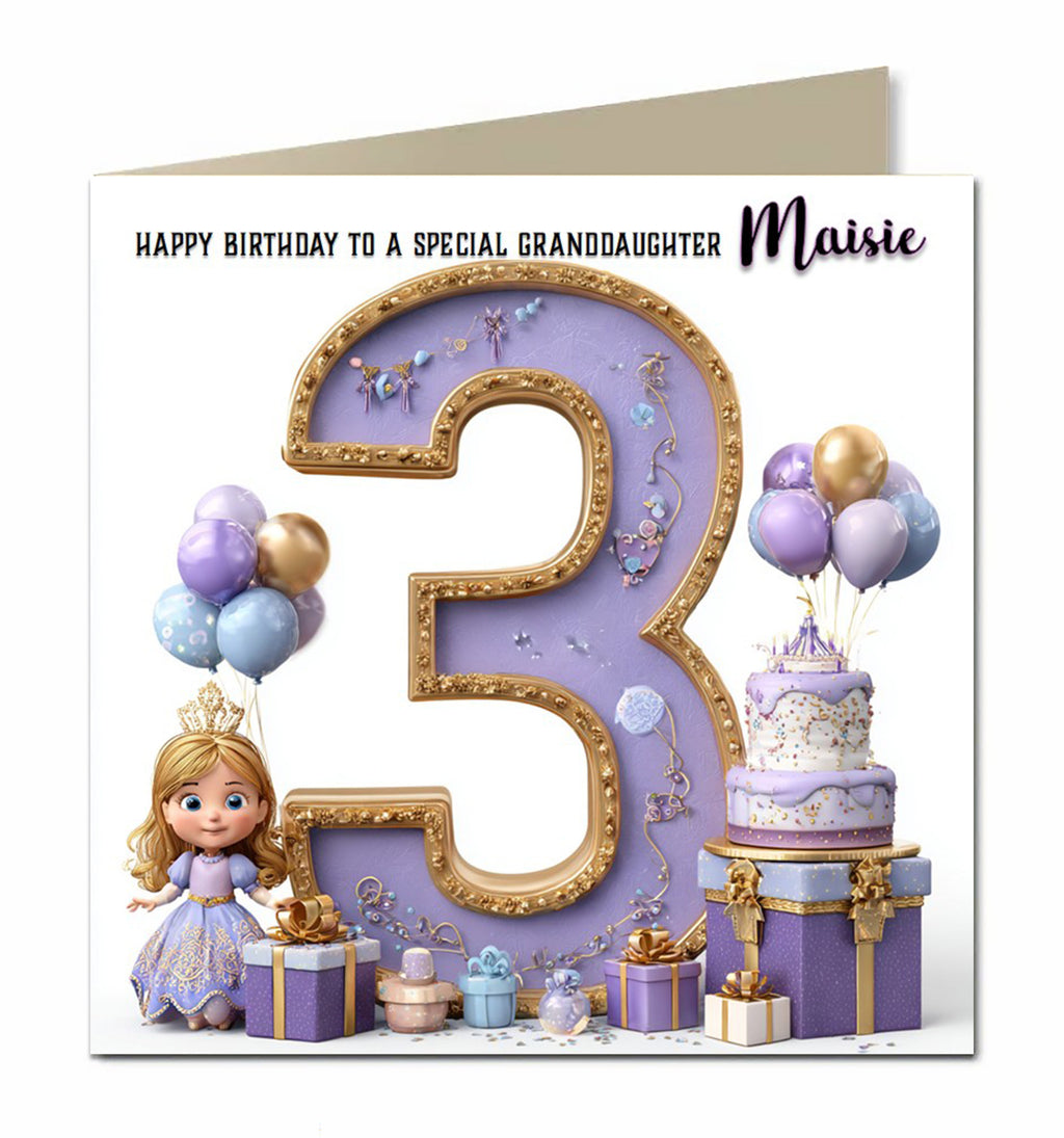 3rd Birthday Card for Girls, Granddaughter, Daughter, Niece, Third, 15cm x 15cm, Blank Inside, with White Envelope