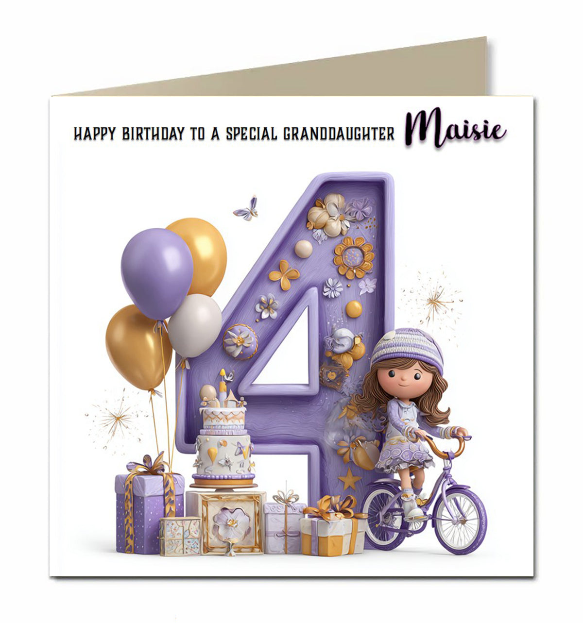 4th Birthday Card for Girls, Granddaughter, Daughter, Niece, Fourth, 15cm x 15cm, Blank Inside, with White Envelope