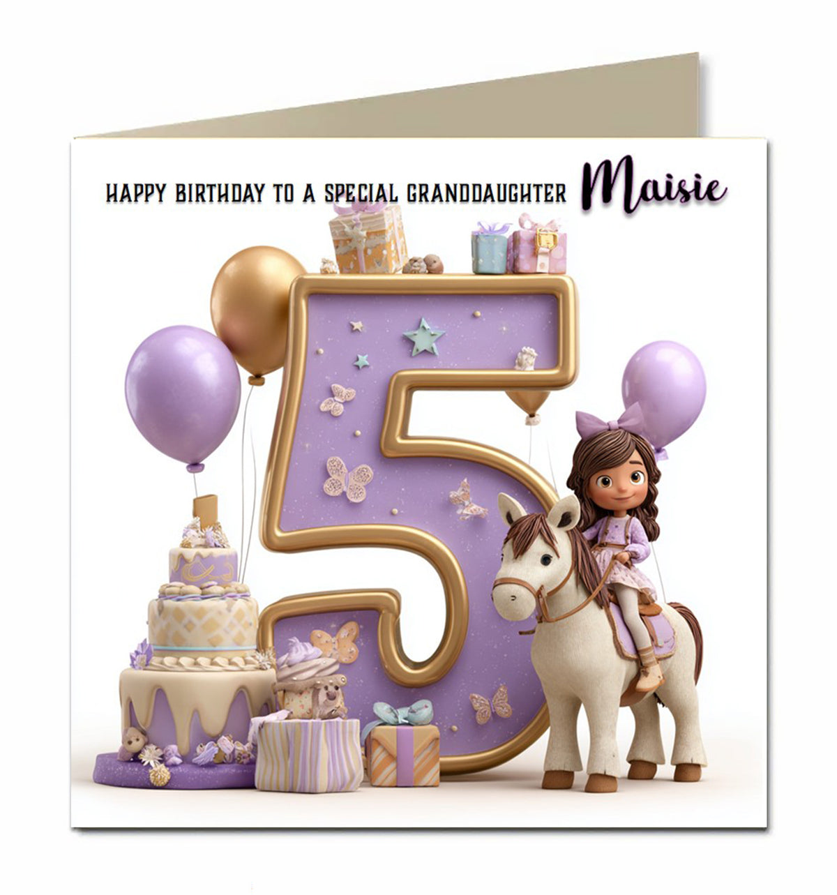 Personalised 5th Birthday Card - Girl Riding a Pony with Birthday Number
