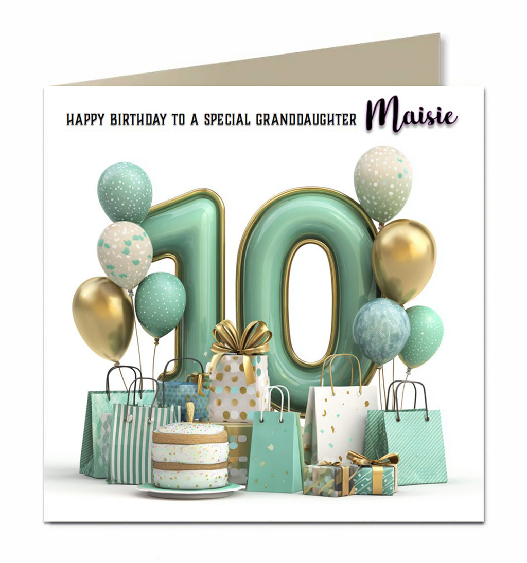 Personalised 10th Birthday Card - Birthday Number with Cake, Balloons and Presents