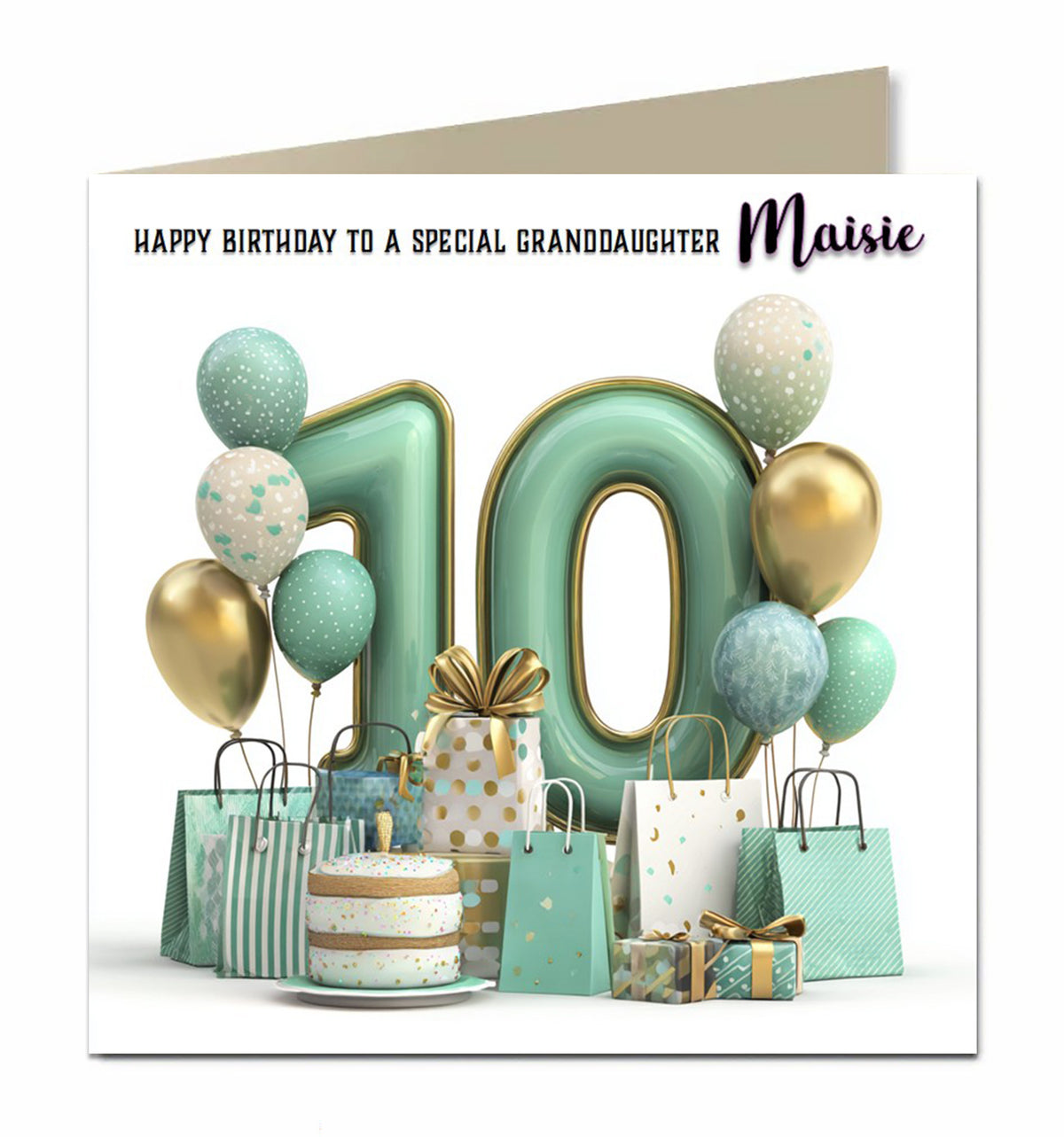 Personalised 10th Birthday Card - Birthday Number with Cake, Balloons and Presents