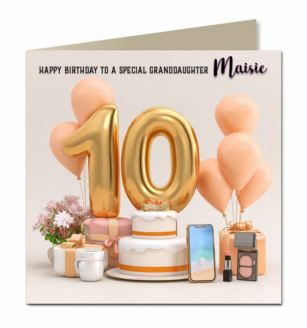 Personalised 10th Birthday Card - Birthday Number with Cake, Balloons and Presents