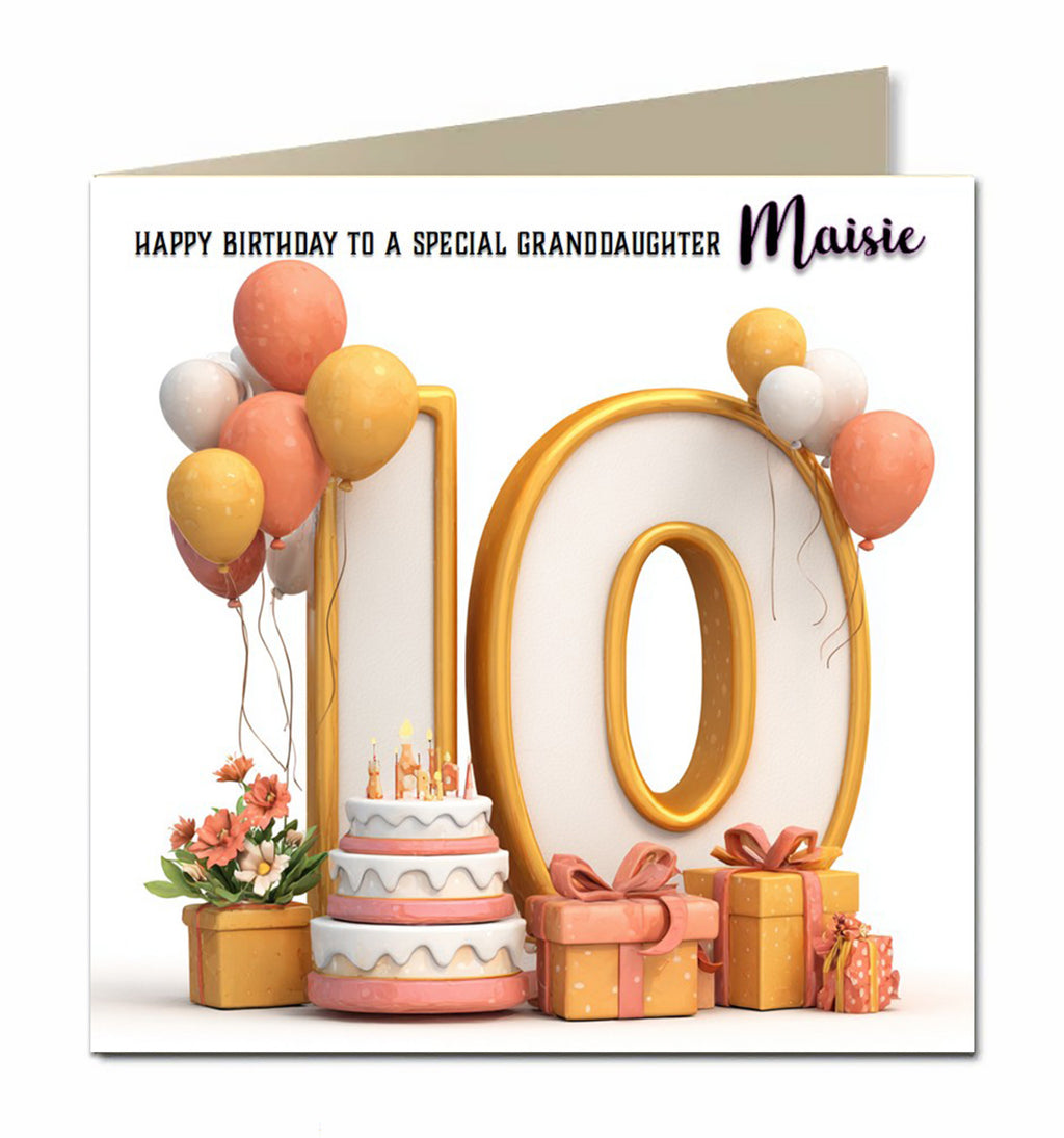 Personalised 10th Birthday Card - Birthday Number with Cake, Balloons and Presents