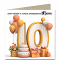 Personalised 10th Birthday Card - Birthday Number with Cake, Balloons and Presents