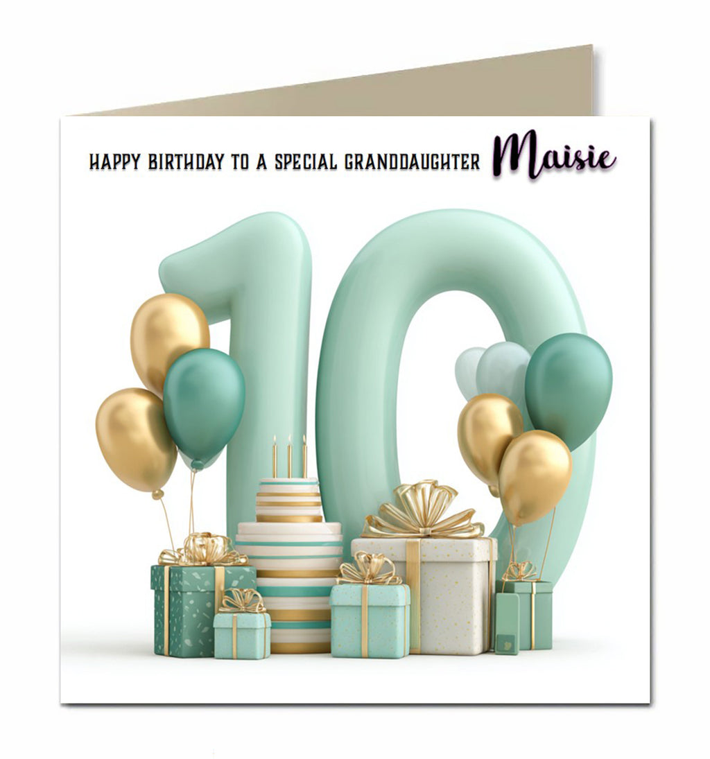 Personalised 10th Birthday Card - Birthday Number with Cake, Balloons and Presents