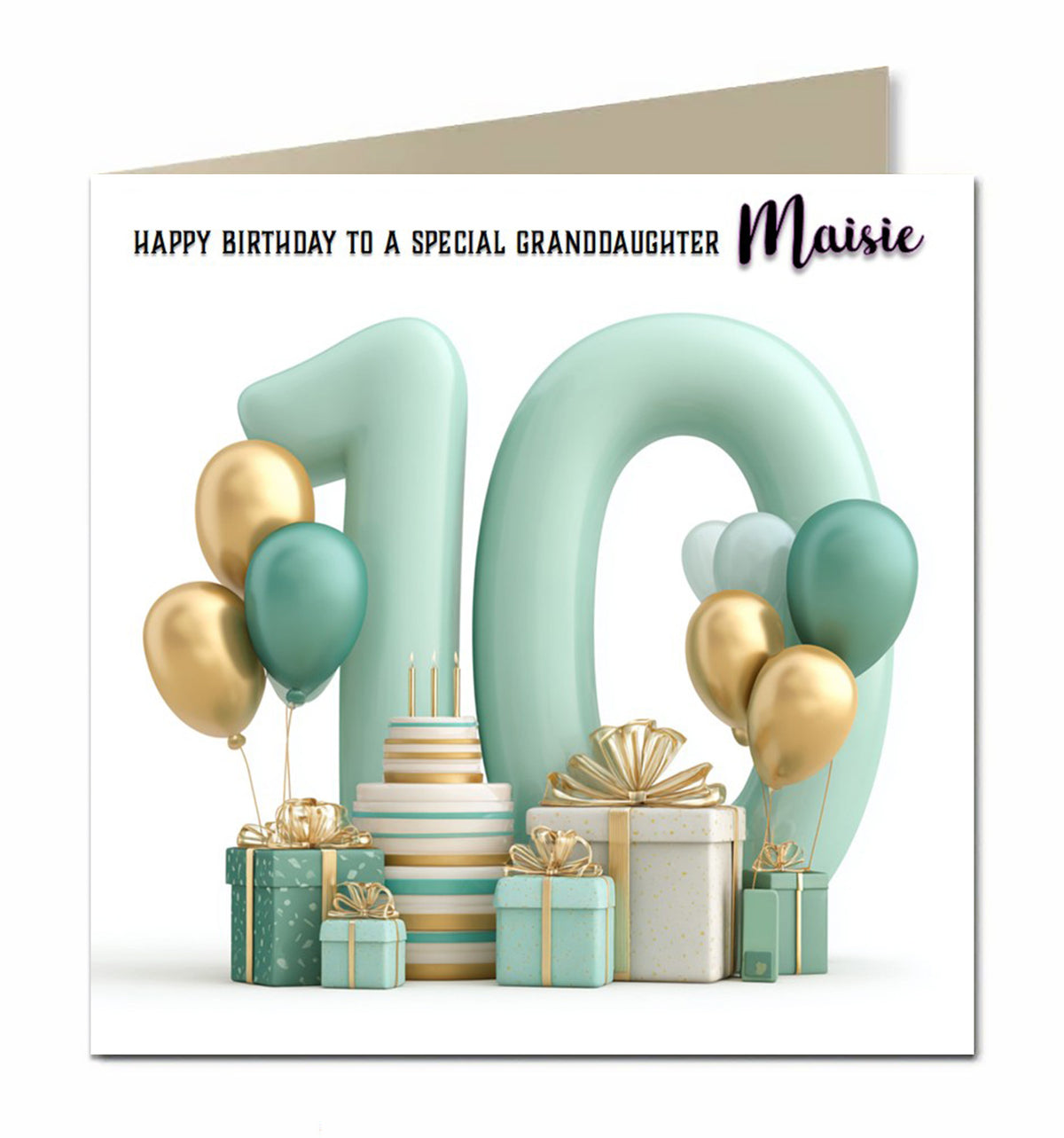 Personalised 10th Birthday Card - Birthday Number with Cake, Balloons and Presents
