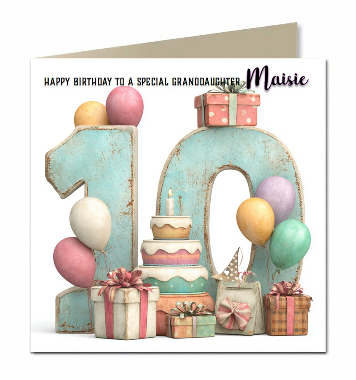 Personalised 10th Birthday Card - Birthday Number with Cake, Balloons and Presents