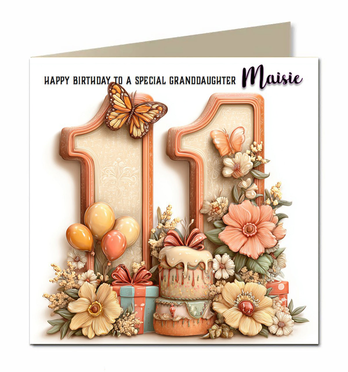 Personalised 11th Birthday Card - Birthday Number with Cake, Balloons and Presents