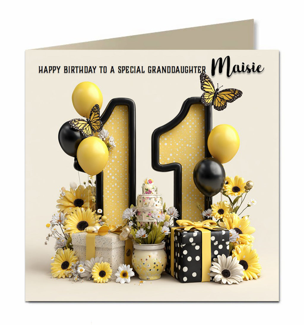 Personalised 11th Birthday Card - Birthday Number with Cake, Balloons and Presents