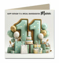 Personalised 11th Birthday Card - Birthday Number with Cake, Balloons and Presents