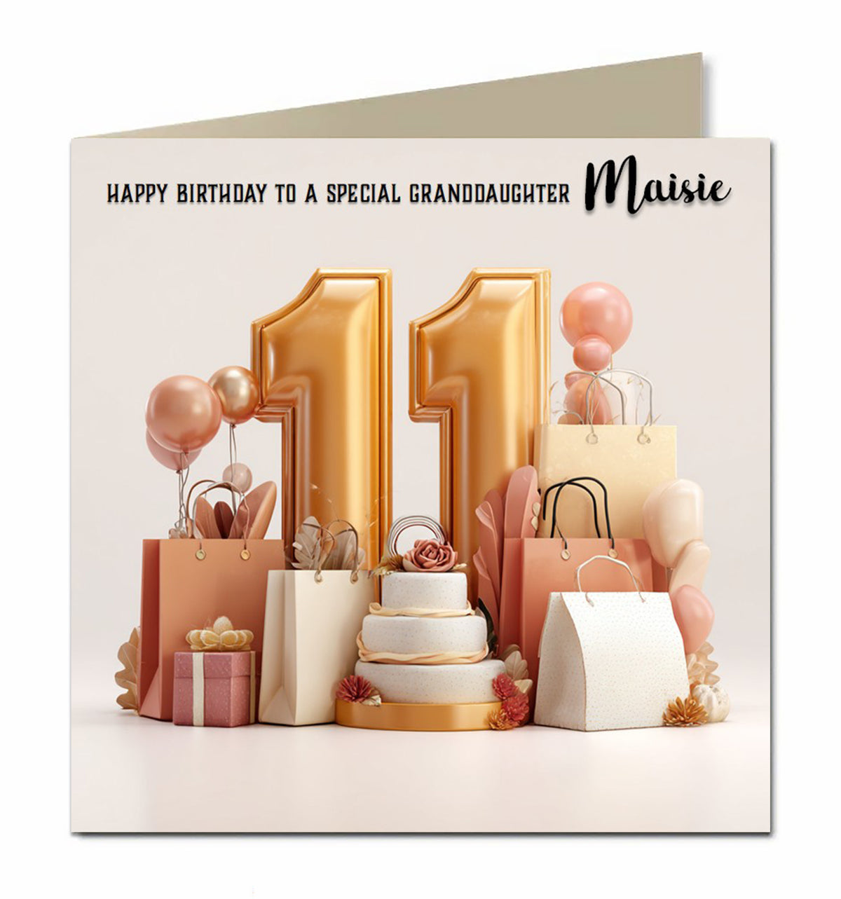 Personalised 11th Birthday Card - Birthday Number with Cake, Balloons and Presents
