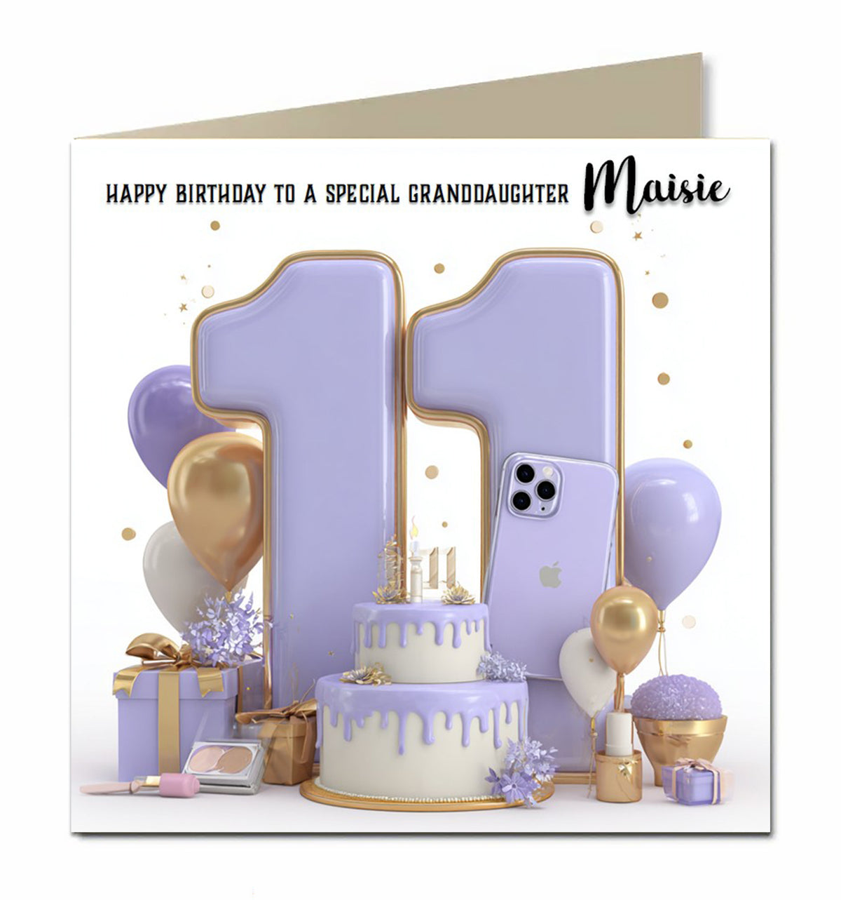 Personalised 11th Birthday Card - Birthday Number with Cake, Balloons and Presents