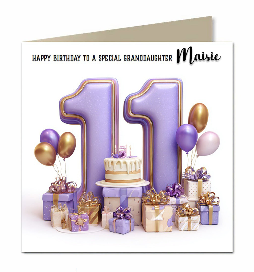 Personalised 11th Birthday Card - Birthday Number with Cake, Balloons and Presents