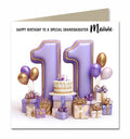 Personalised 11th Birthday Card - Birthday Number with Cake, Balloons and Presents