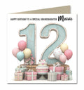 Personalised 12th Birthday Card - Birthday Number with Cake, Balloons and Presents