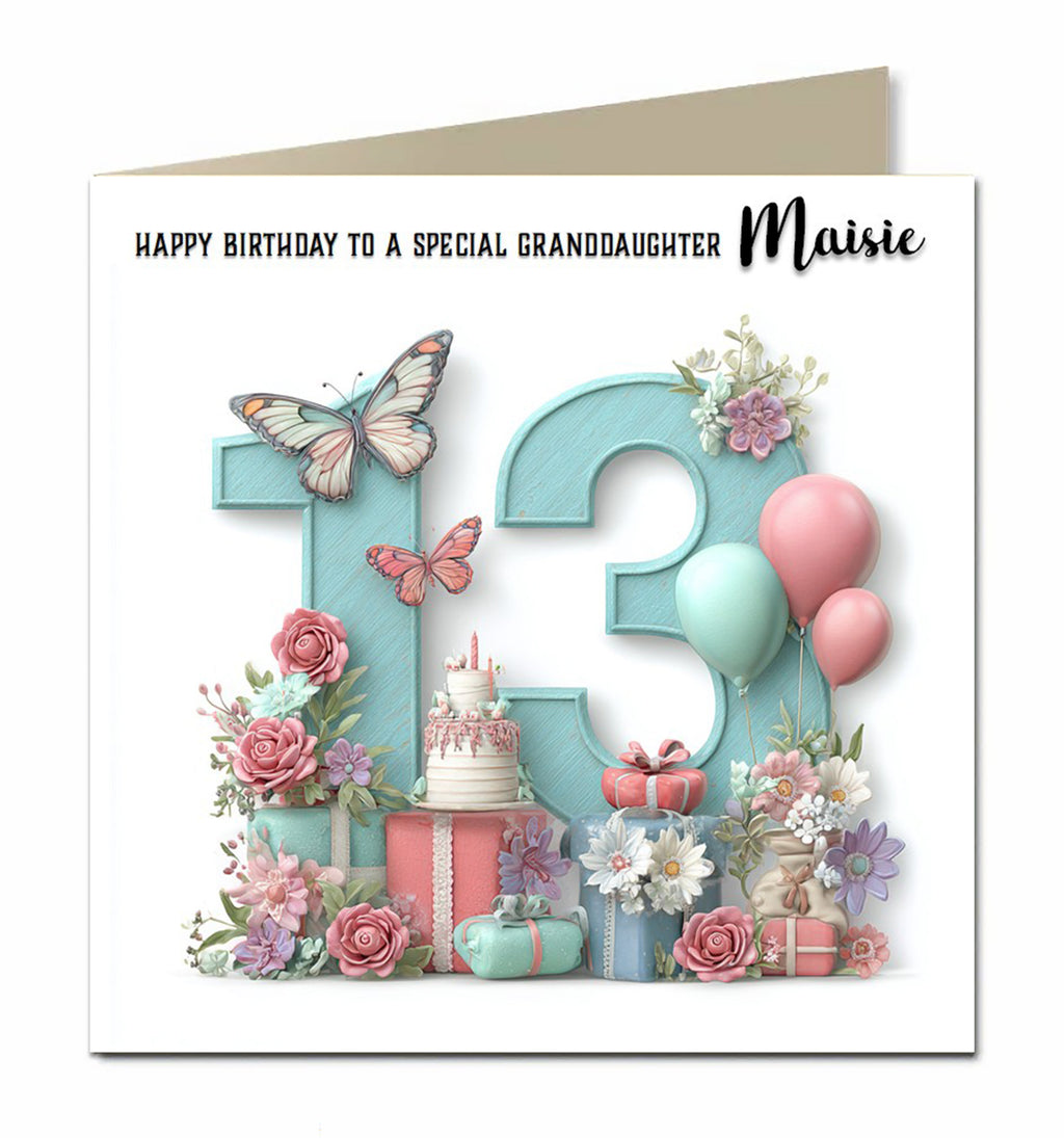 Personalised 13th Birthday Card - Birthday Number with Cake, Balloons and Presents