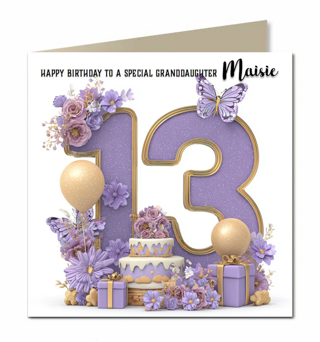 Personalised 13th Birthday Card - Birthday Number with Cake, Balloons and Presents