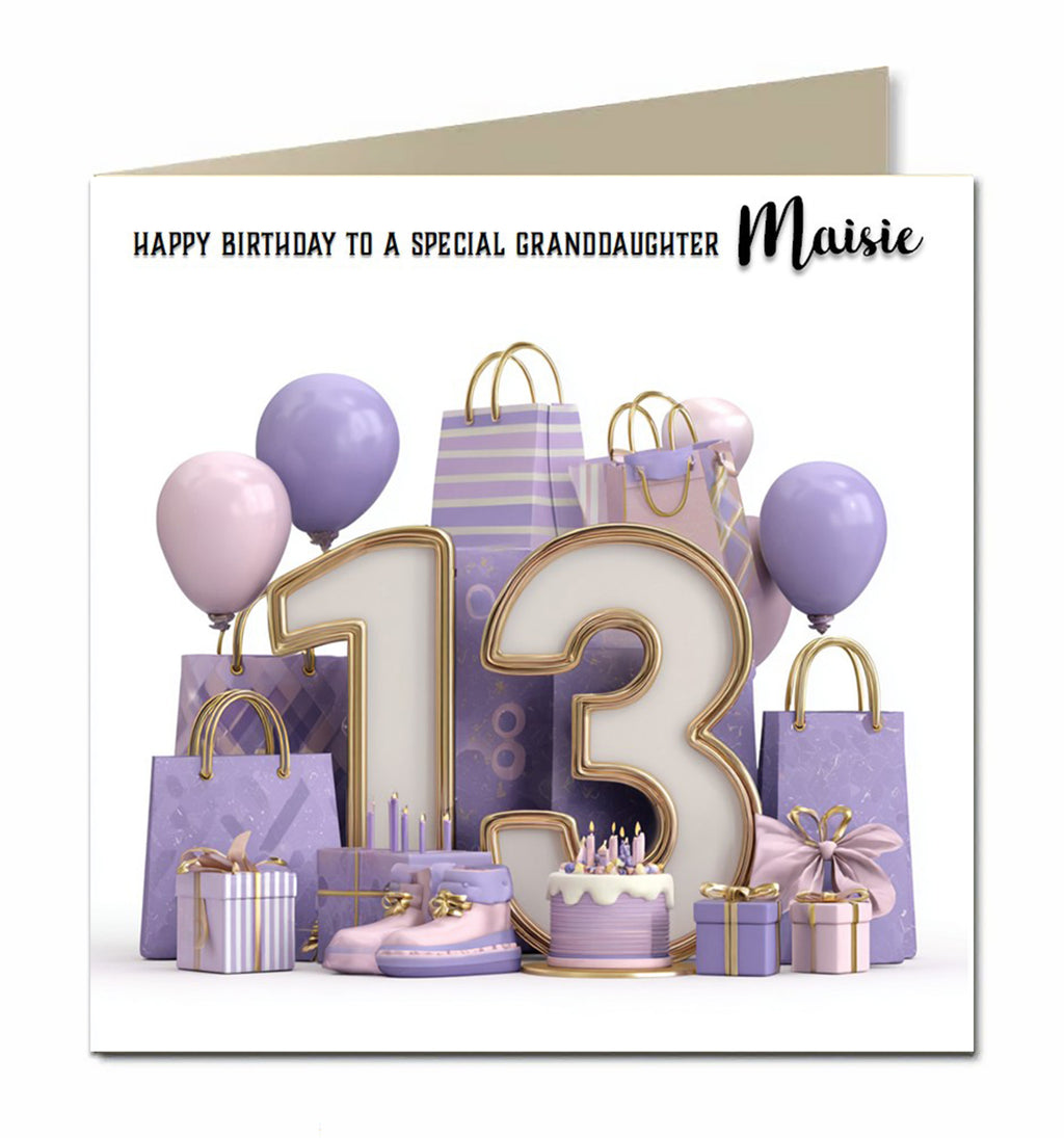 Personalised 13th Birthday Card - Birthday Number with Cake, Balloons and Presents