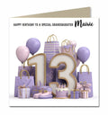 Personalised 13th Birthday Card - Birthday Number with Cake, Balloons and Presents