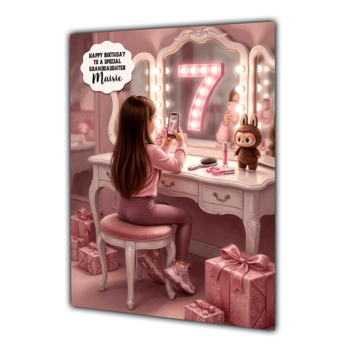 Personalised 7th Birthday Card - Girl at a Dressing Table - Brown Hair