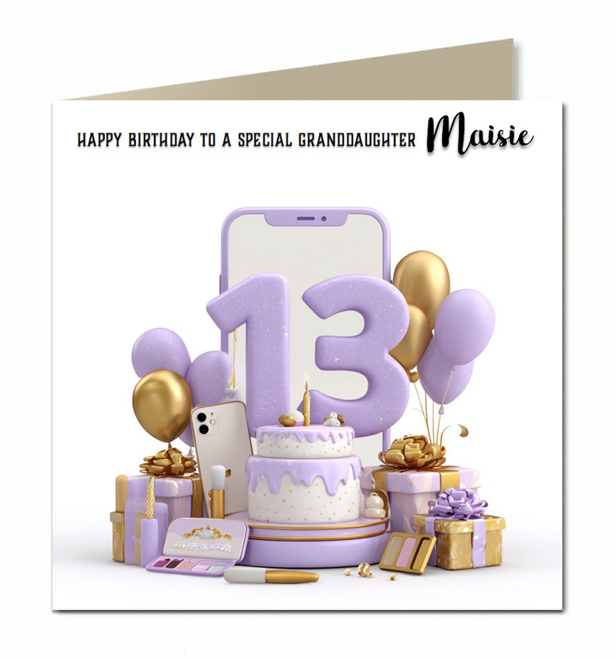 Personalised 13th Birthday Card - Birthday Number with Cake, Balloons and Presents