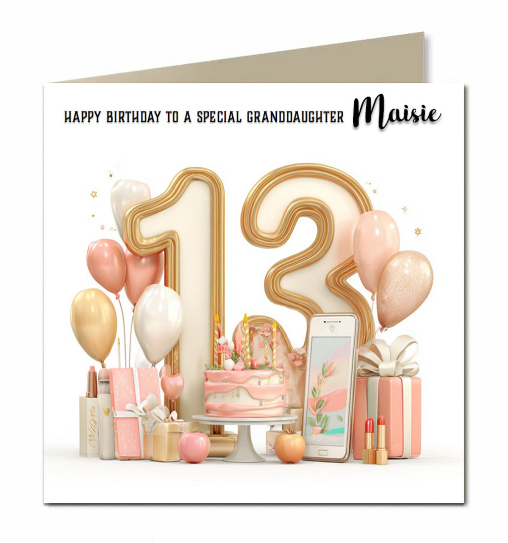 Personalised 13th Birthday Card - Birthday Number with Cake, Balloons and Presents