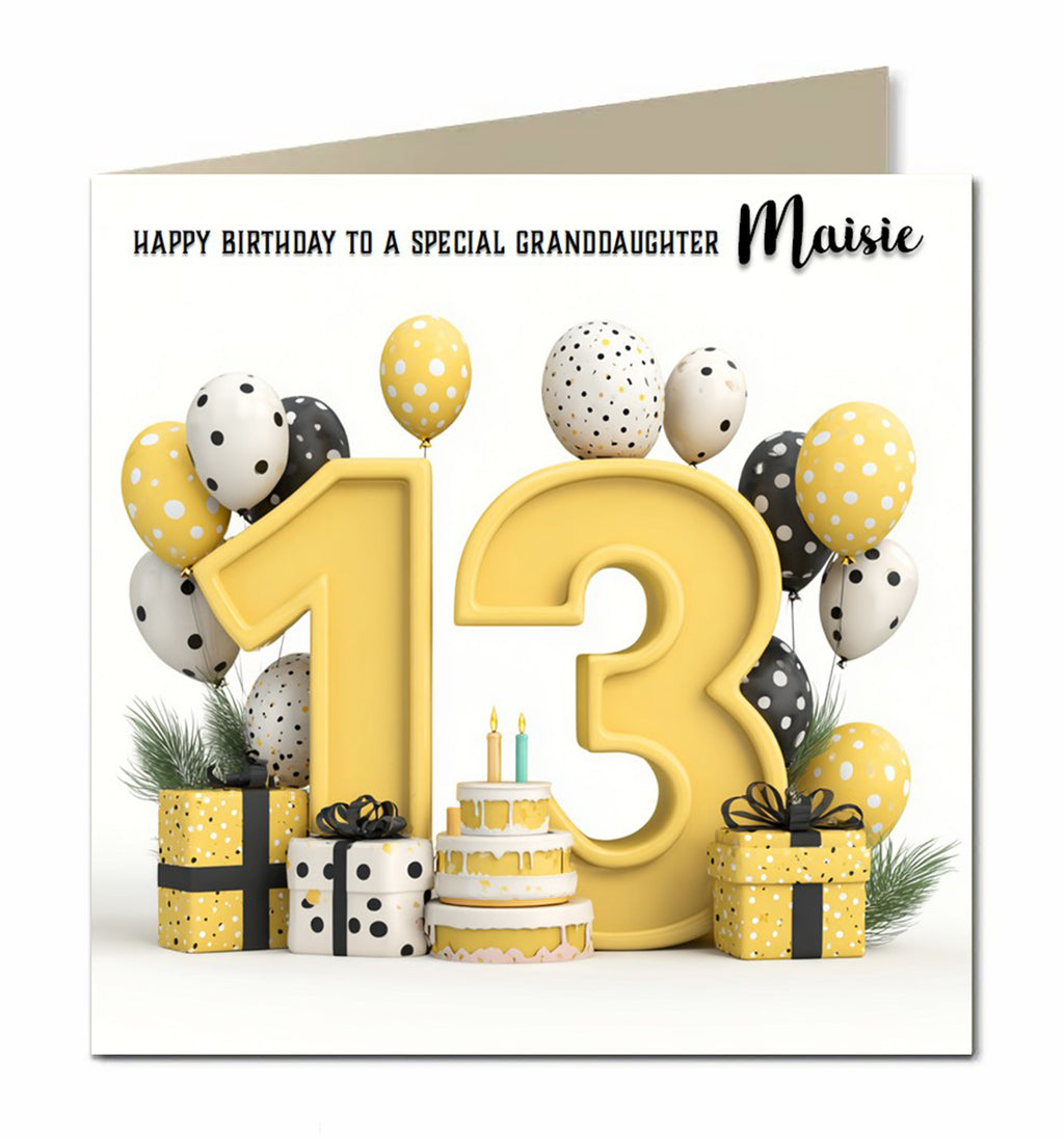 Personalised 13th Birthday Card - Birthday Number with Cake, Balloons and Presents